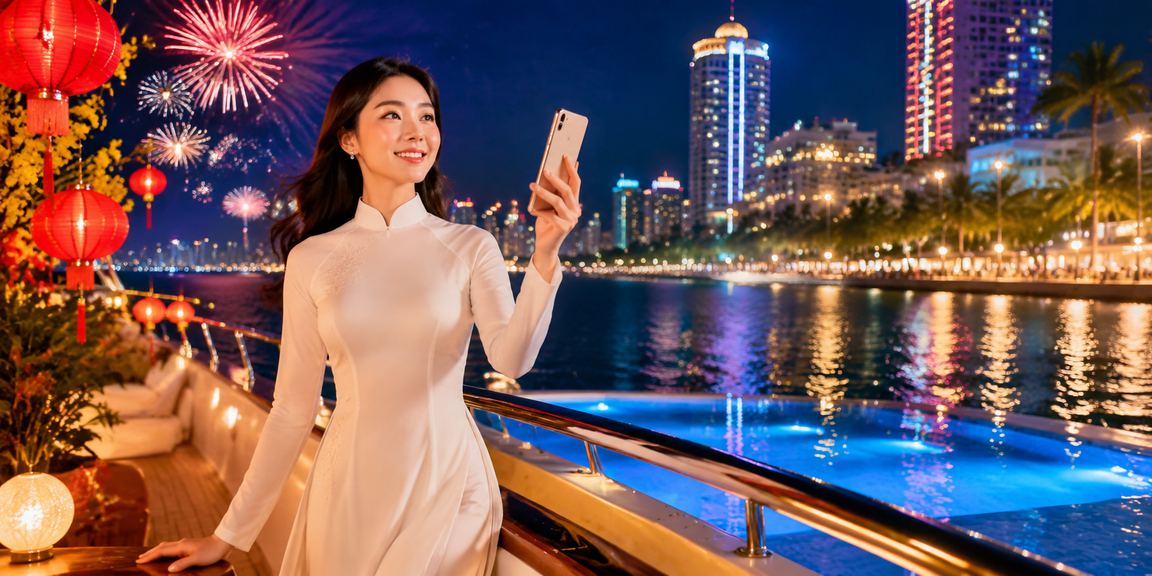 Người phụ nữ mặc áo dài tại Nha Trang sử dụng điện thoại xem kèo thể thao trực tuyến